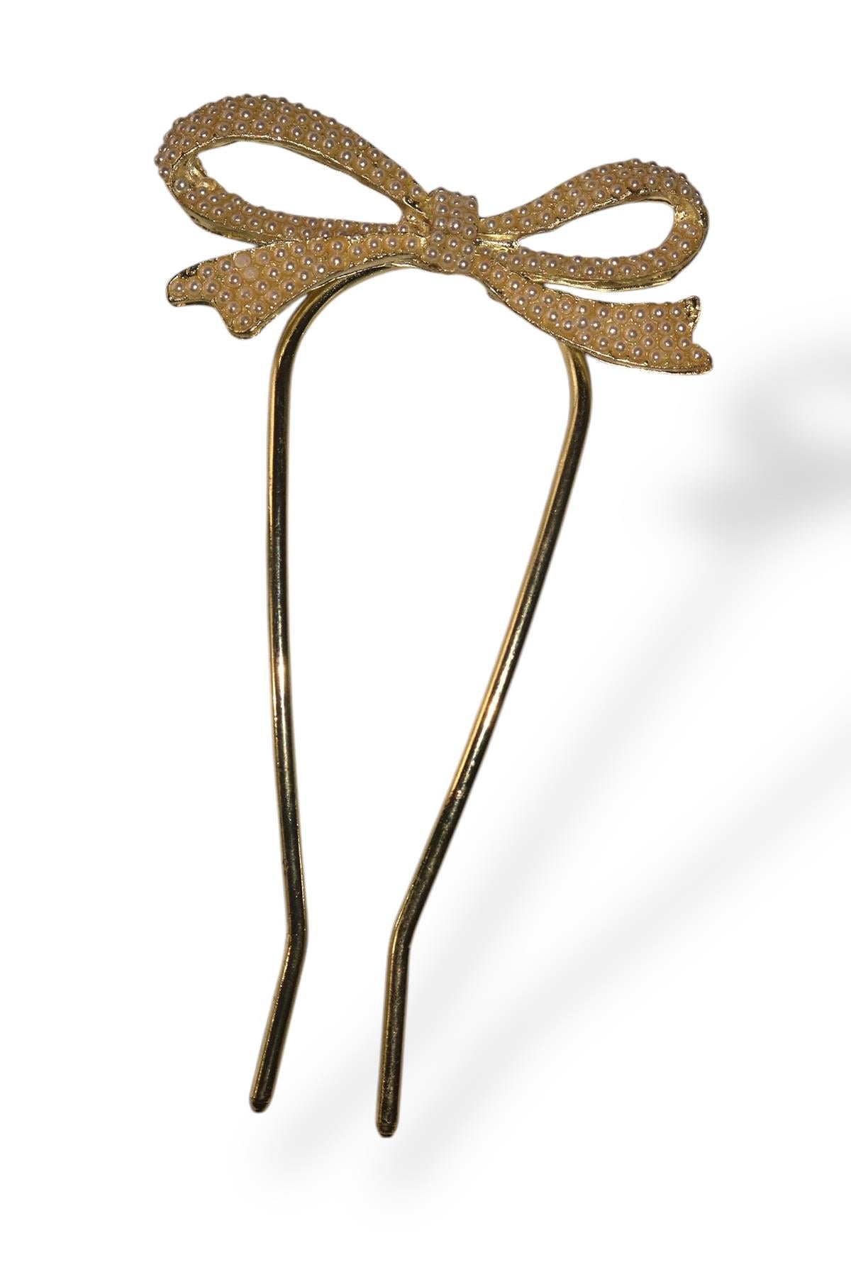 Altın Renk Kurdele Figürlü İnci Detaylı Metal Topuz Tokası/ Kalemi