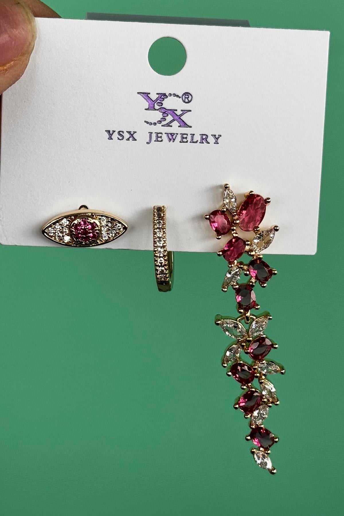 Altın Renk Pembe Taş Detaylı VİP 3lü YSX Küpe Set 