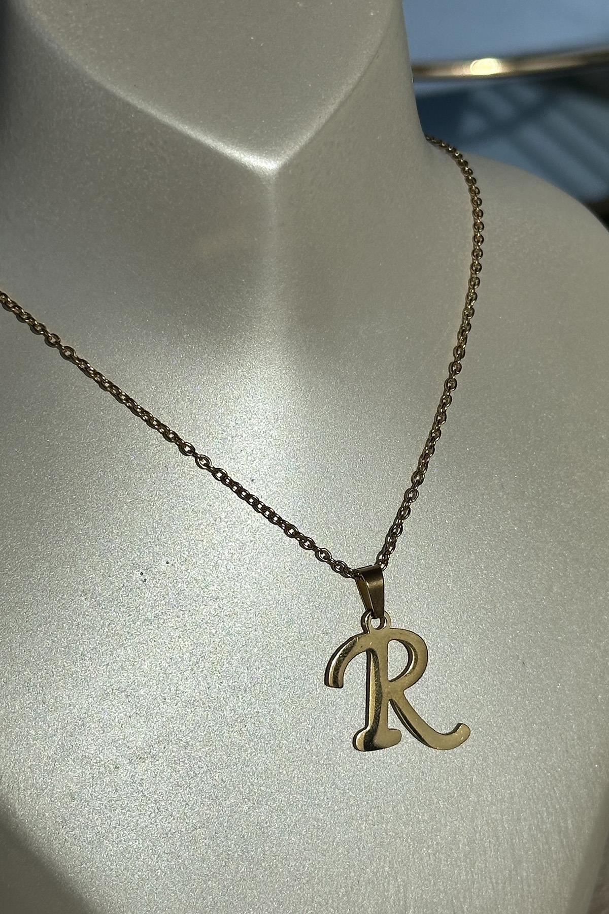 Altın Renk R Harfli Çelik Kolye Ve Küpe Set