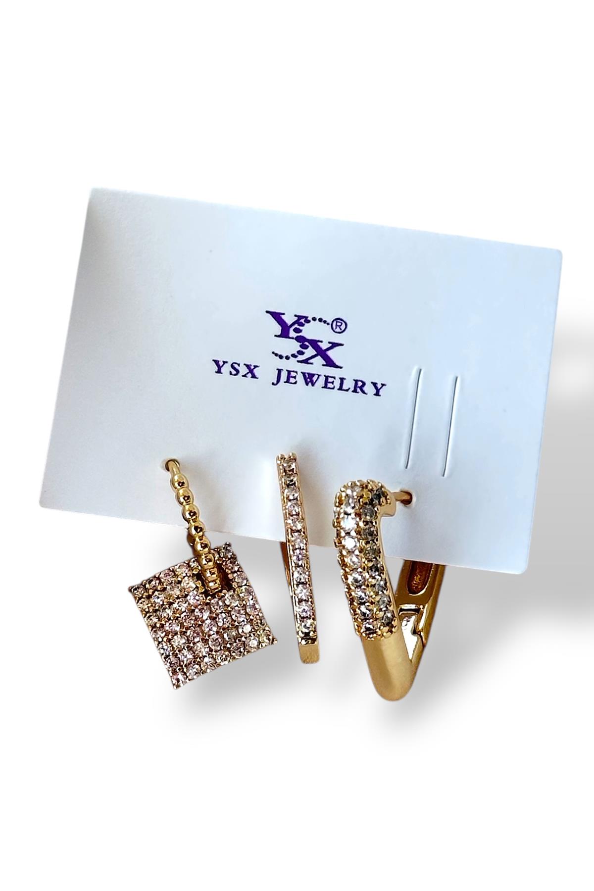 Altın Renk Taş Detaylı VİP 3lü YSX Küpe Set 