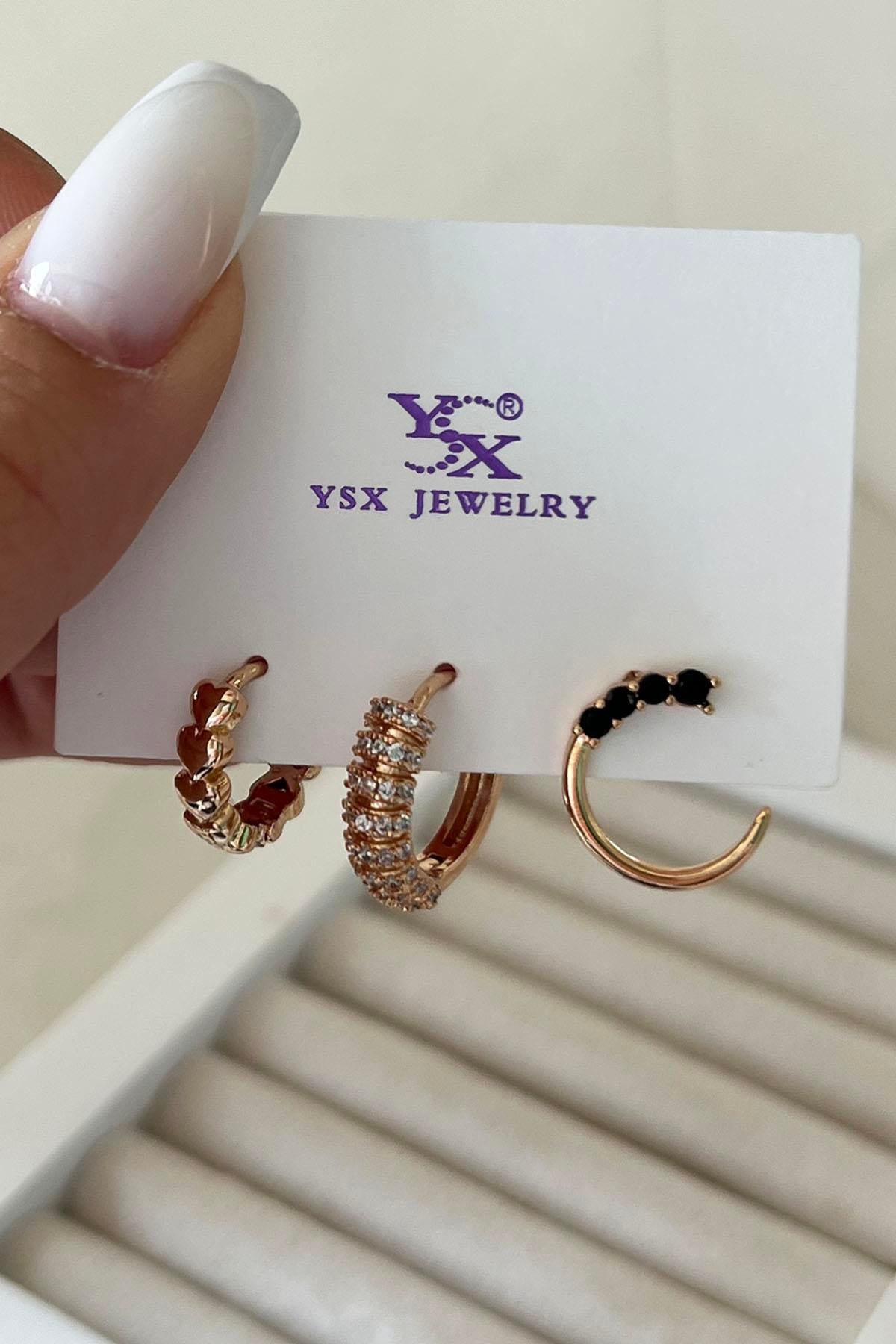 Altın Renk Taş Detaylı VİP 3lü YSX Küpe Set 