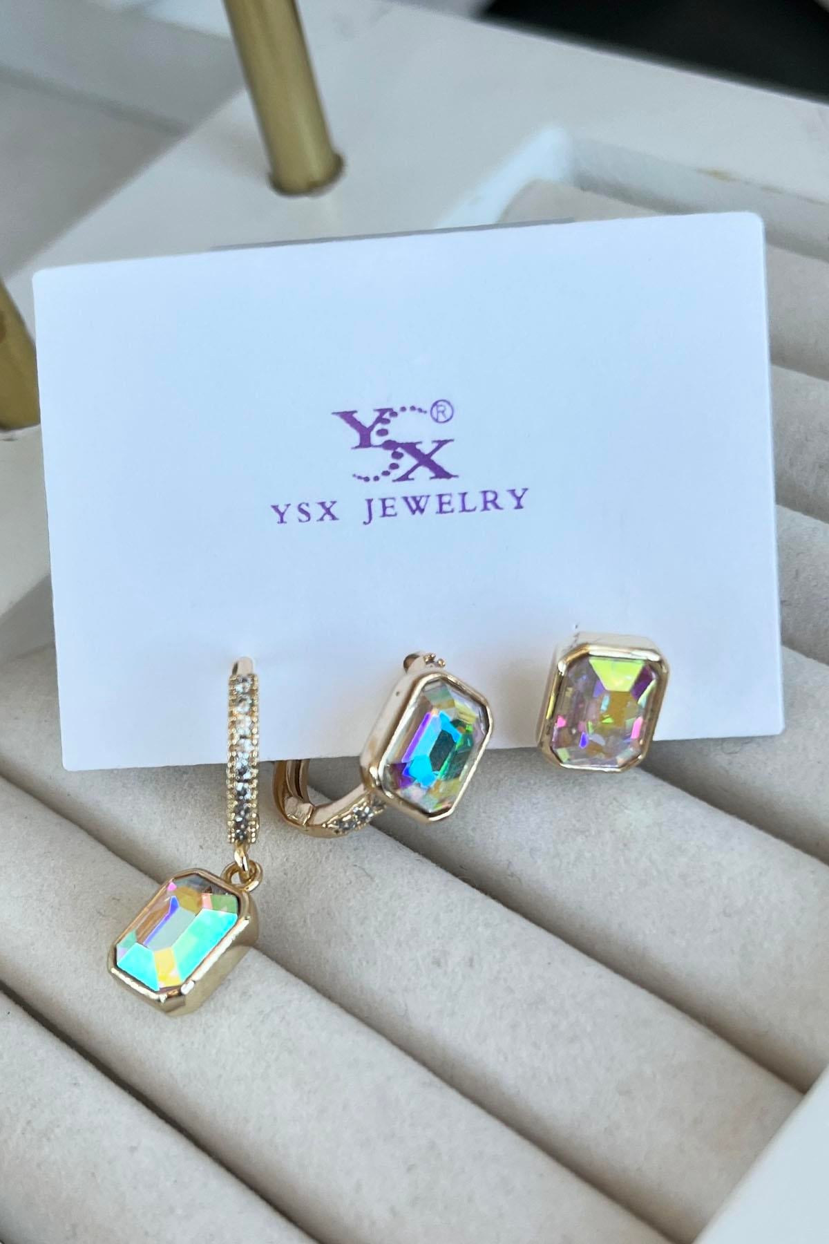 Altın Renk Taş Detaylı VİP 3lü YSX Küpe Set 