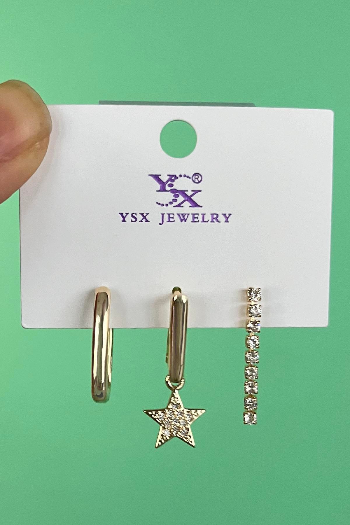 Altın Renk Yıldız Figürlü Taş Detaylı  VİP 3lü YSX Küpe Set