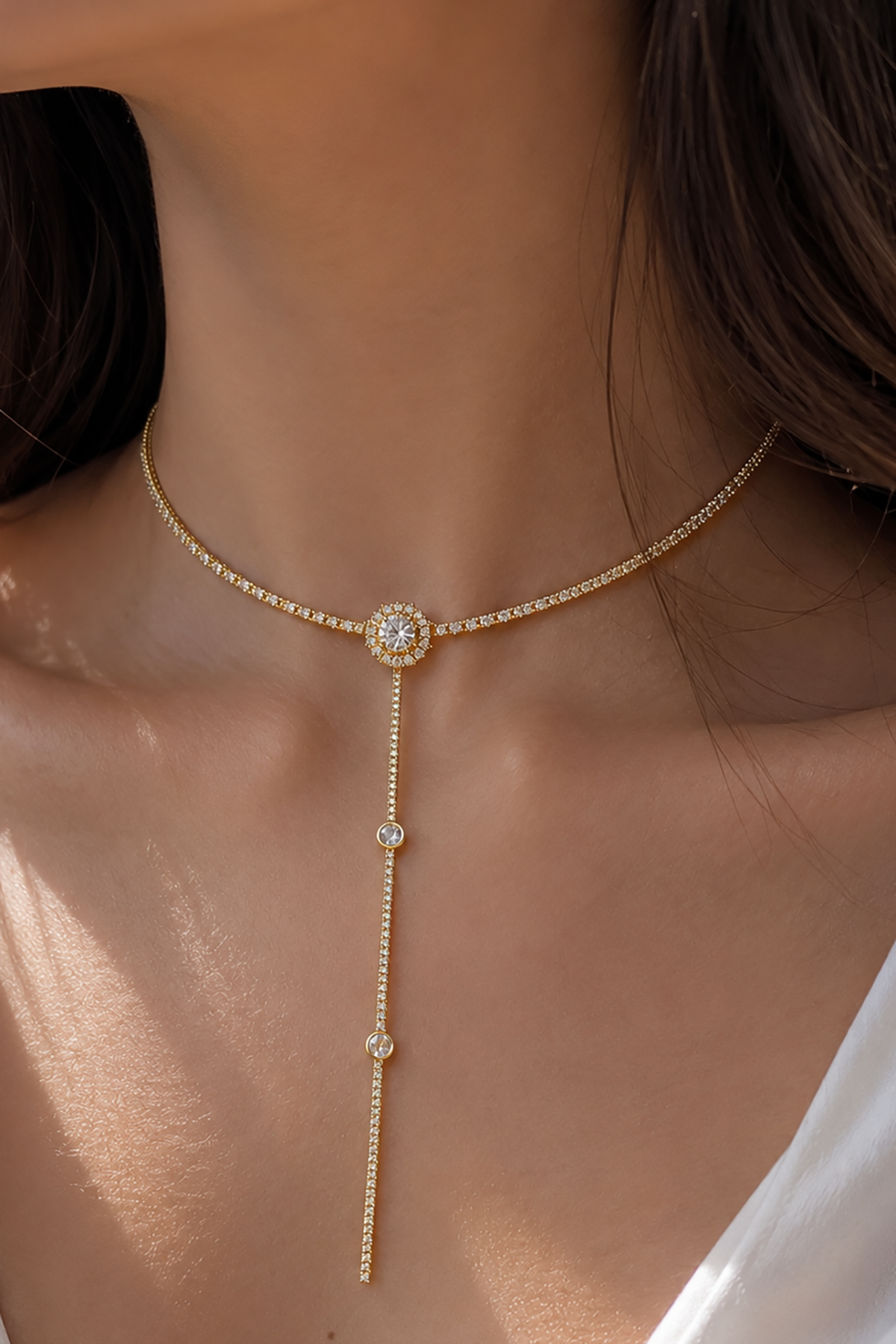 Altın Renk Taş Detaylı 14K Altın Kaplama Vip Choker Kolye
