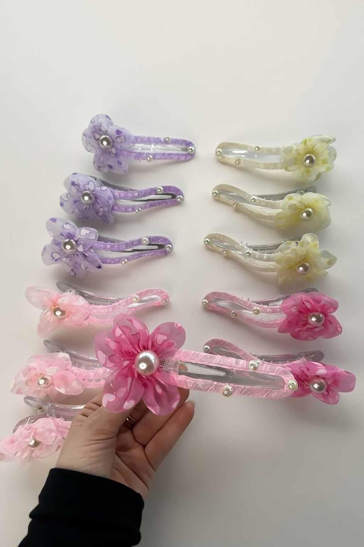 12li Karışık Renk Çiçek Figürlü Pens Toka Set