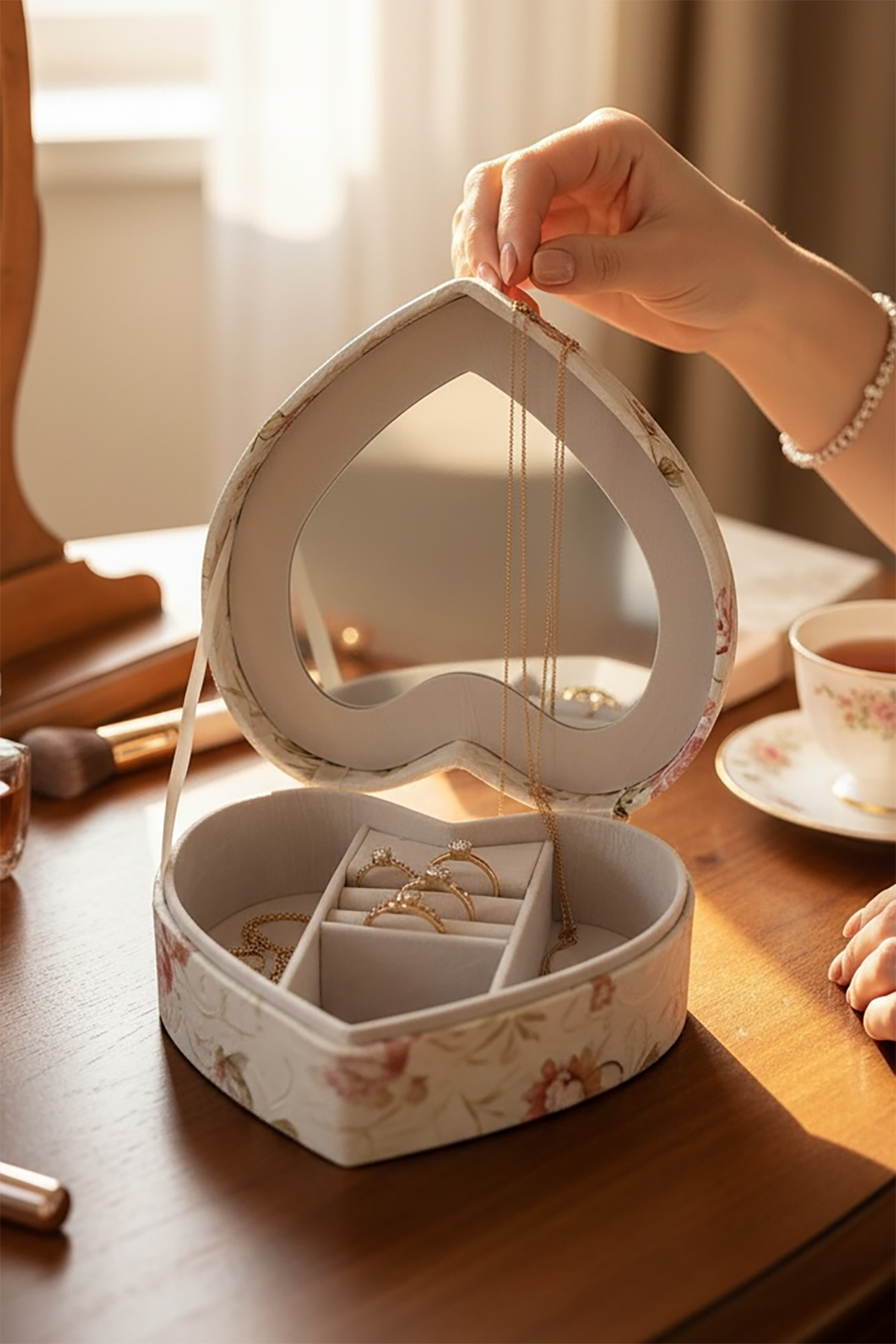 Karışık Renk Çiçek Figürlü Ayna Detaylı Çekmeceli Takı Organizeri