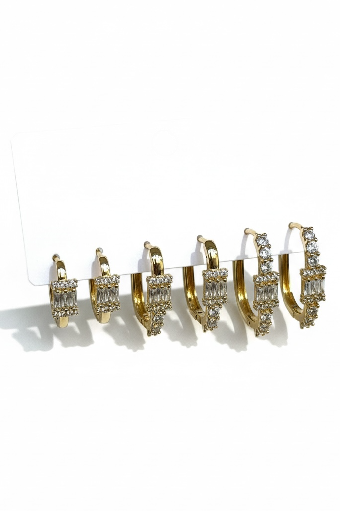 Altın Renk 6lı Taş Detaylı TX 14K Altın Kaplama Küpe Set 