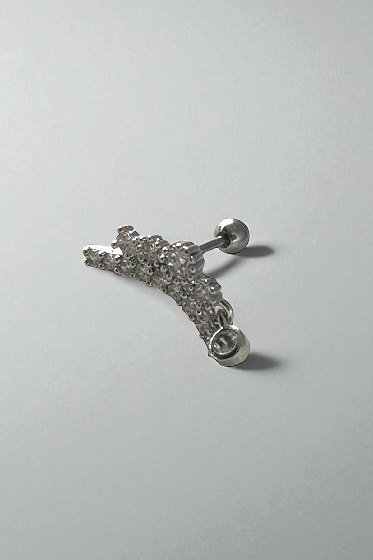 Gümüş Renk Taş Detaylı Çelik Tragus/Kıkırdak Küpe/Piercing (Tek)