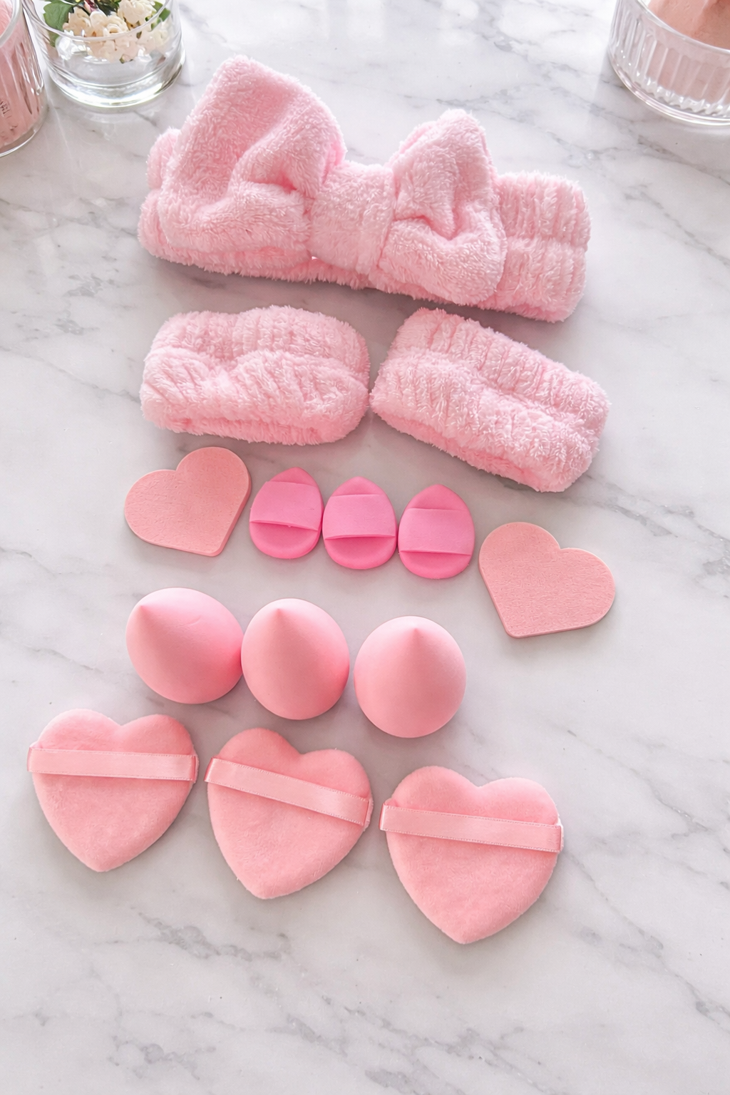 Pembe Renk Kurdele Figürlü Su Emici Havlu Bileklik/Saç Bandı/Makyaj Süngeri Set