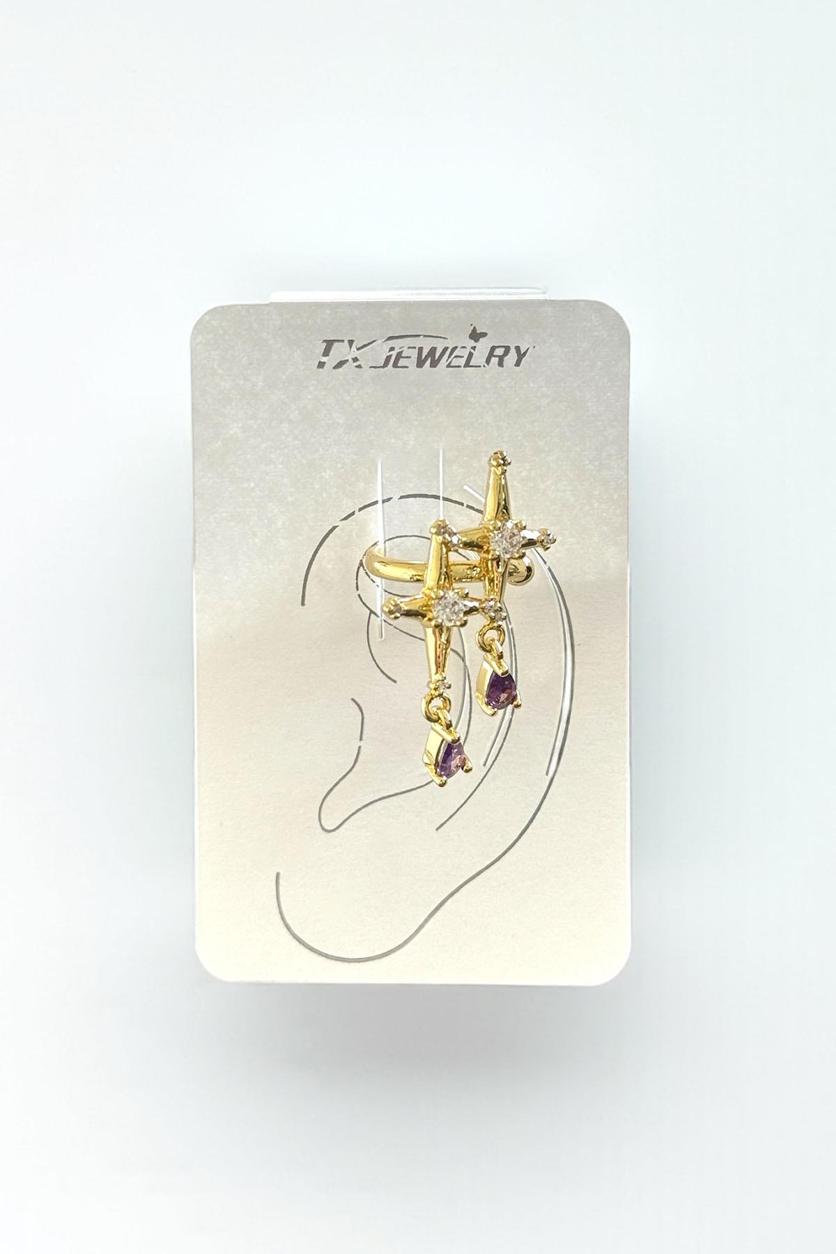 Altın Renk Yıldız Figürlü Taş Detaylı 14K Altın Kaplama TX Ear Cuff (Tek)