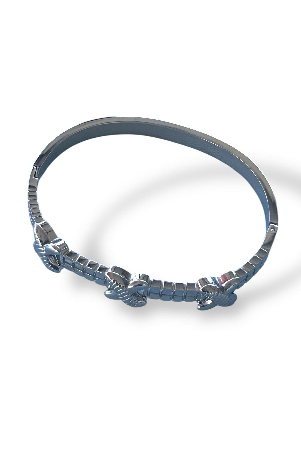 Gümüş Renk Çarpı Figürlü Çelik Kelepçe Bileklik