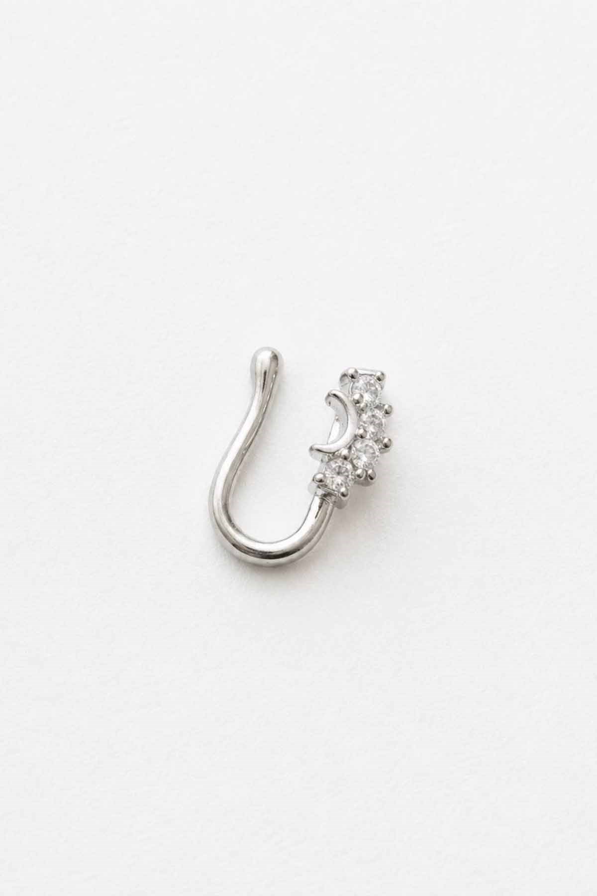 Gümüş Renk Taş Detaylı Cerrahi Çelik Deliksiz Kulak/Burun Piercing 