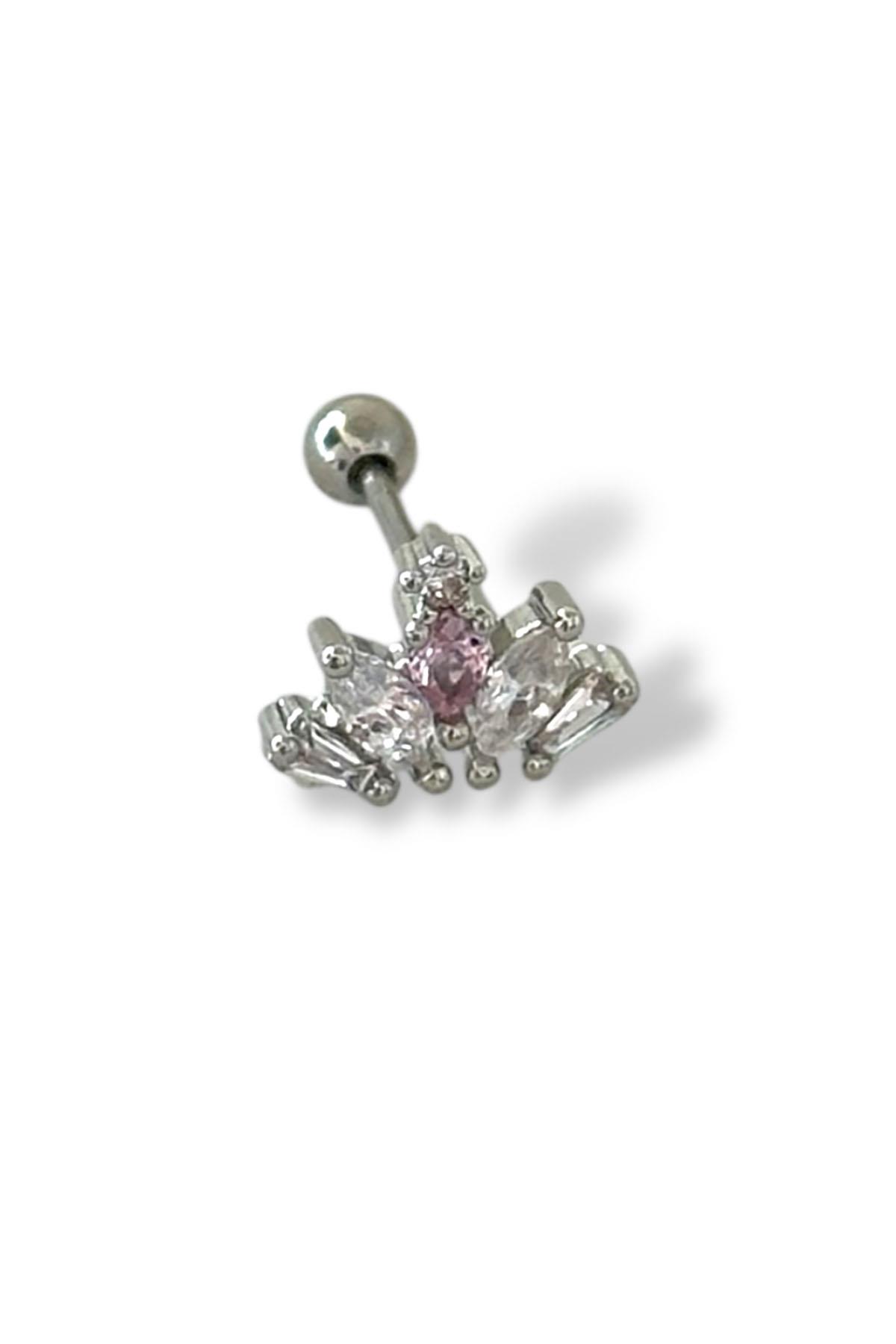 Gümüş Renk Taş Detaylı Çelik Tragus/Kıkırdak Küpe/Piercing (Tek)
