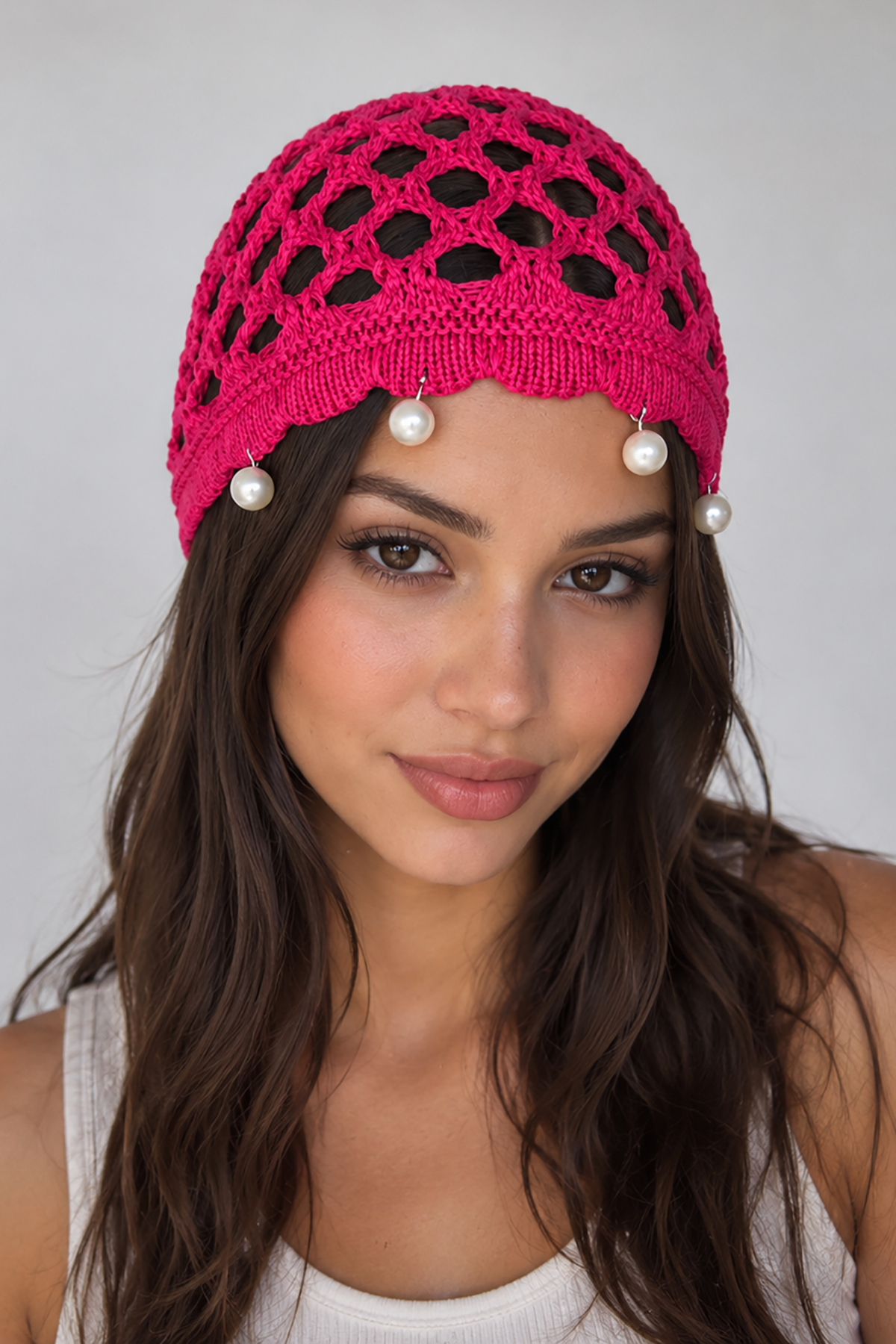 Koyu Pembe Renk İnci Detaylı Örgü Saç Bandana