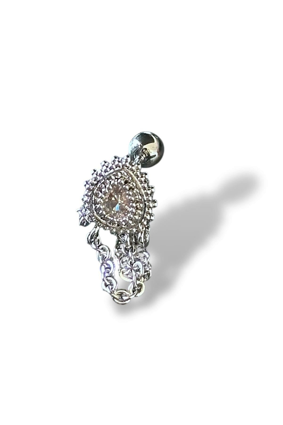 Gümüş Renk Taş Detaylı Çelik Tragus/Kıkırdak Küpe/Piercing (Tek)