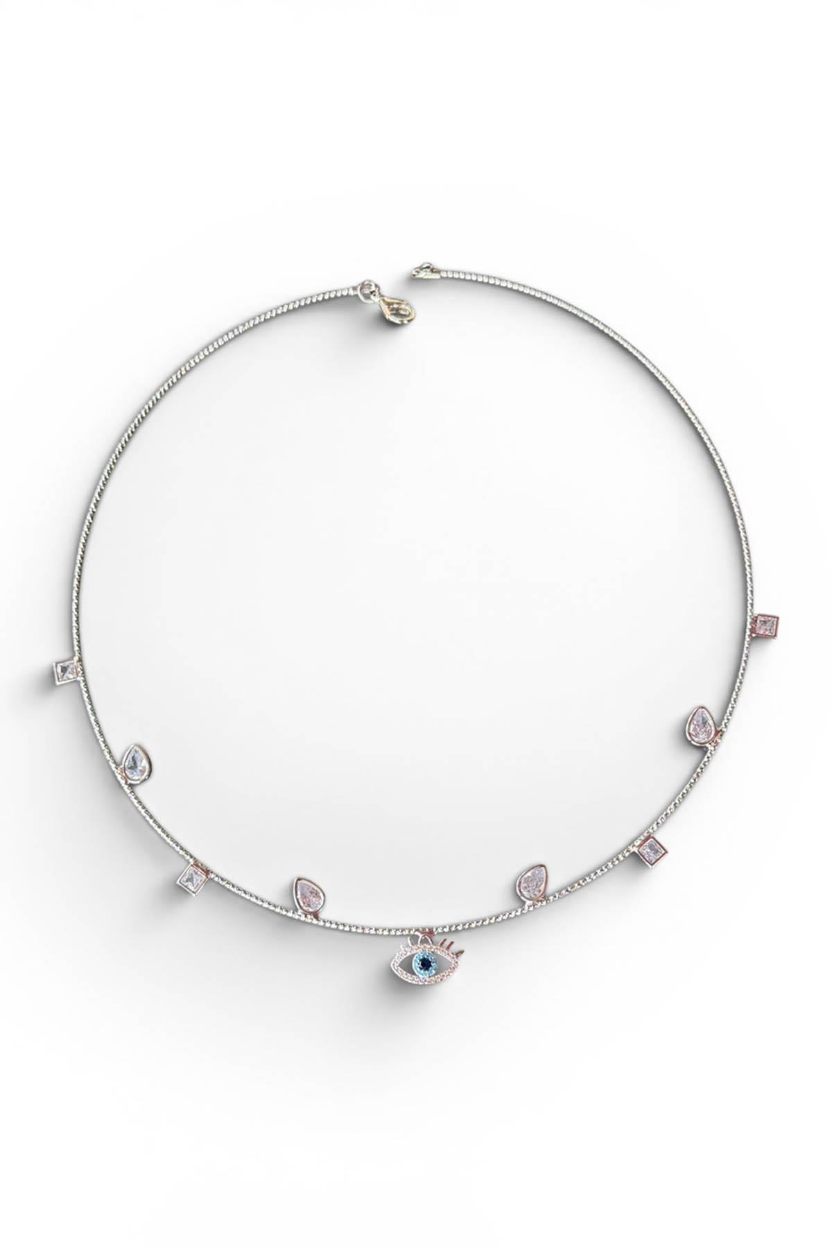 Gümüş Renk Göz Figürlü Taş Detaylı Choker Kolye