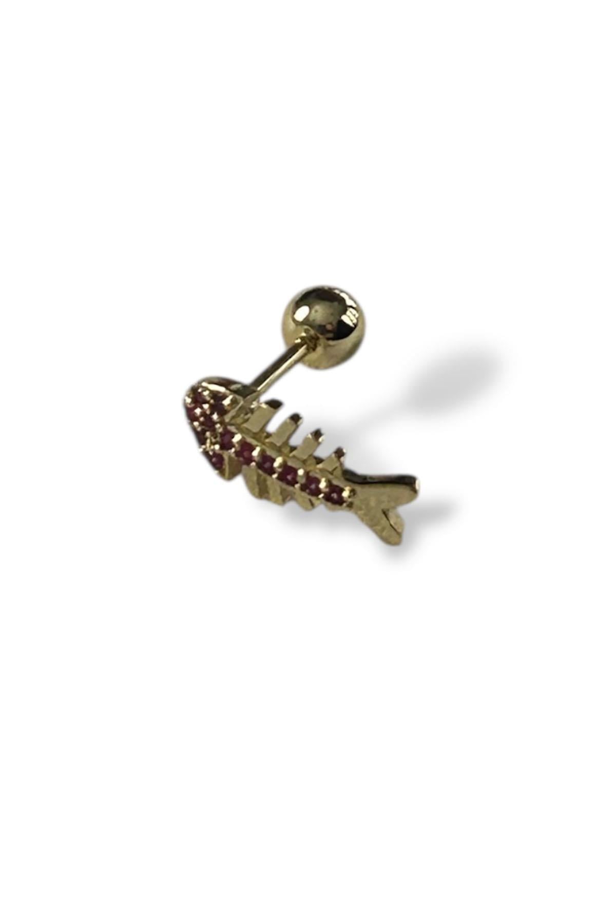 Altın Renk Balık Figürlü Taş Detaylı Cerrahi Çelik Tragus/Kıkırdak Küpe/Piercing (Tek)