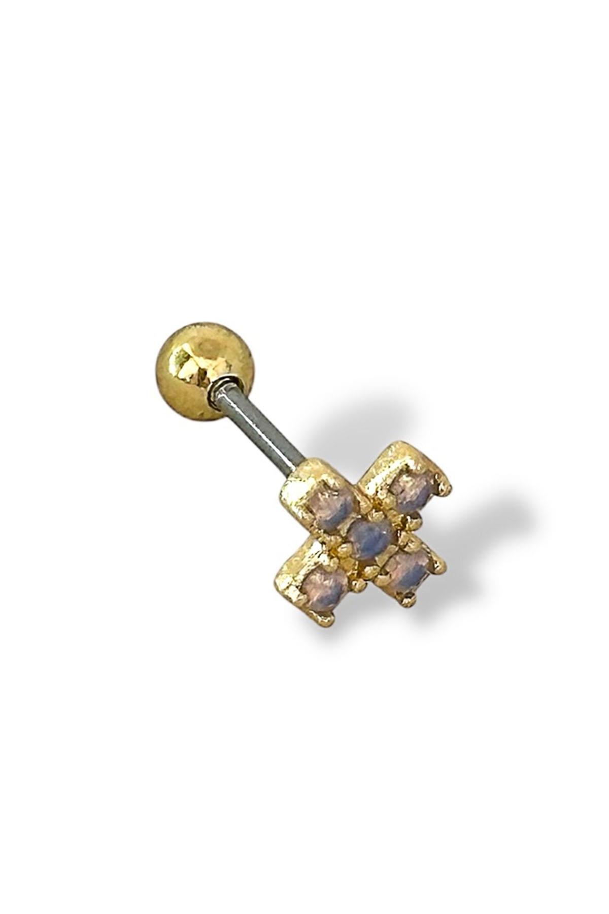 Altın Renk Taş Detaylı Çelik Tragus/Kıkırdak Küpe/Piercing (Tek)