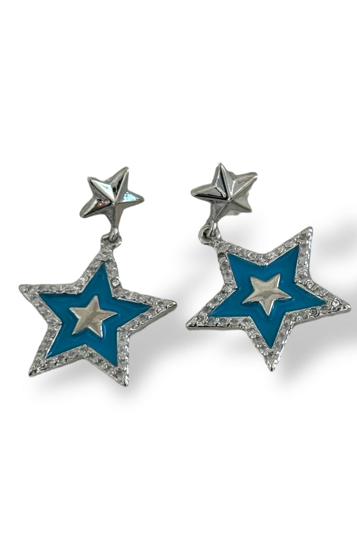 Gümüş Renk Yıldız Figürlü Taş Detaylı YSX Küpe 