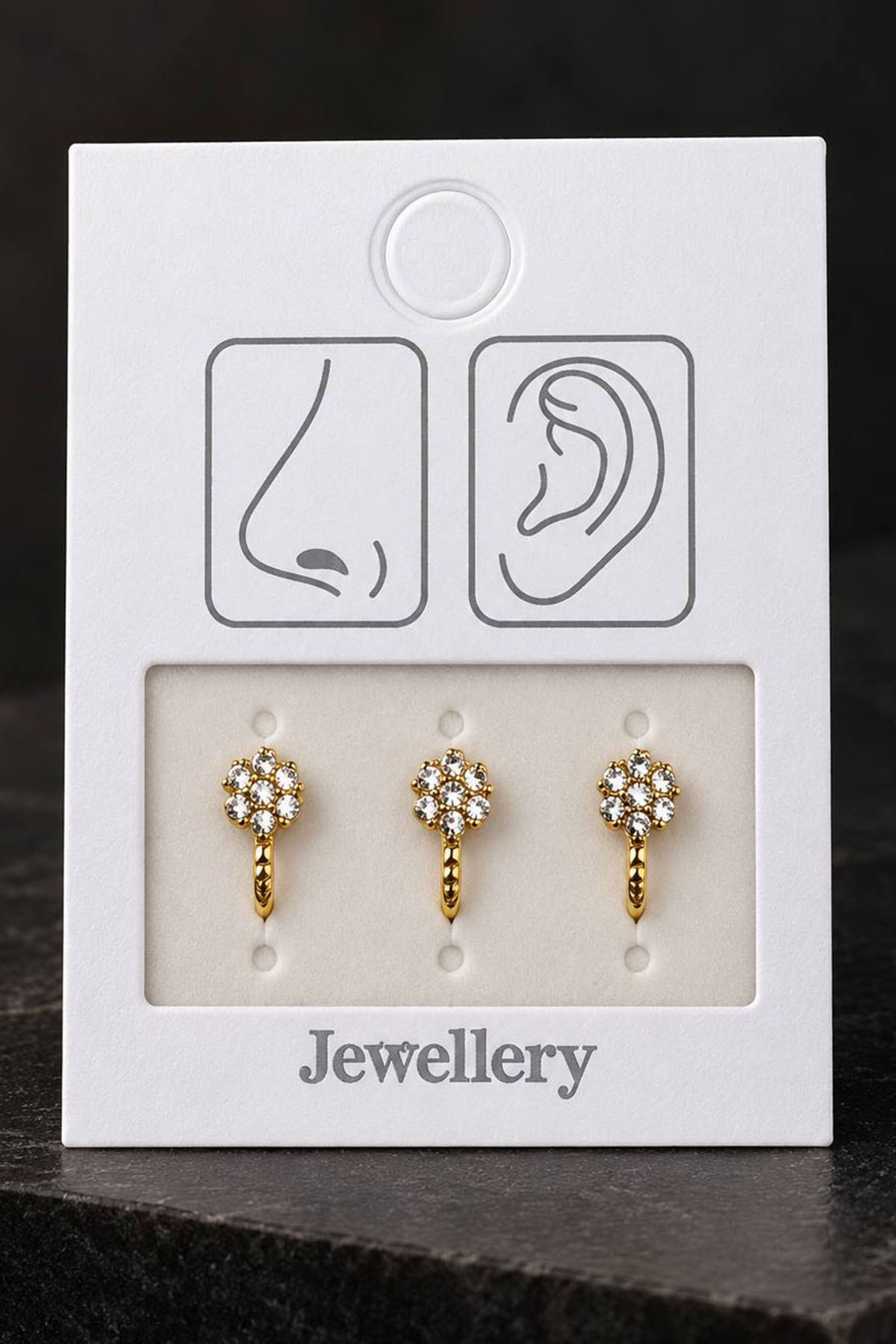 Altın Renk Çiçek Figürlü Deliksiz Kulak/Burun 3lü Piercing Set