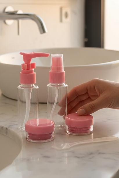 Pembe Renk Seyahat Kiti/ 4lü Doldurulabilir Şişe Set+Krem Kutusu