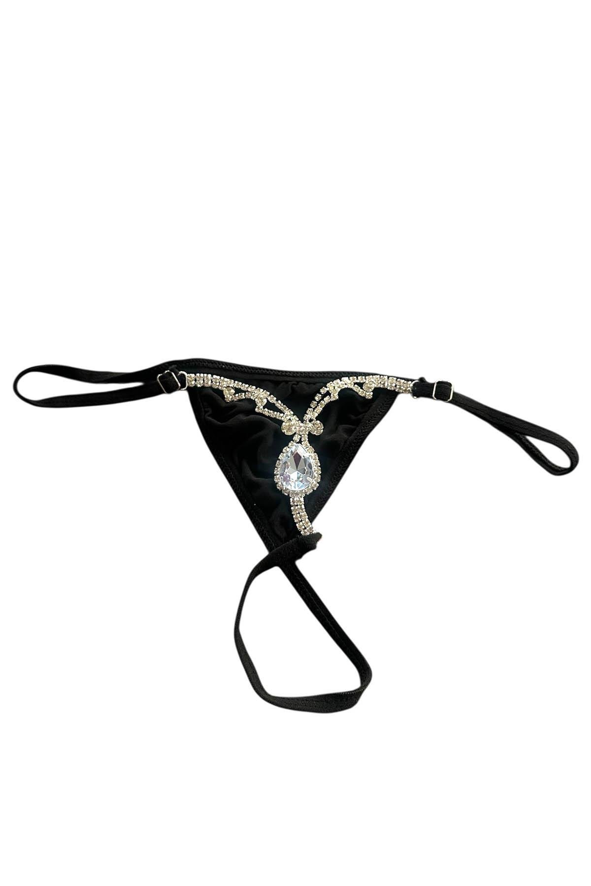 Siyah Renk Taş Detaylı Tanga
