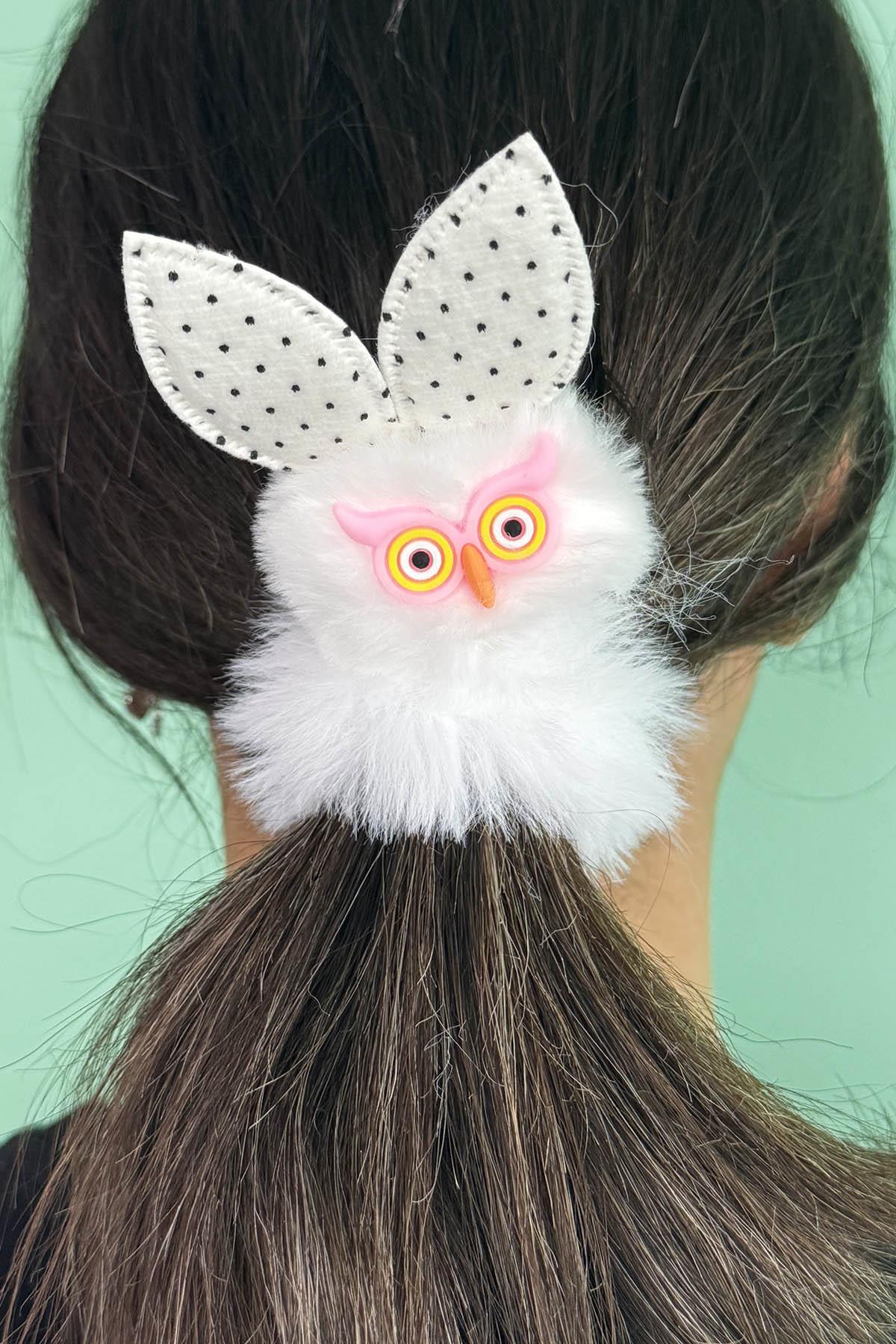 Beyaz Renk Baykuş Figürlü Peluş Simit Toka