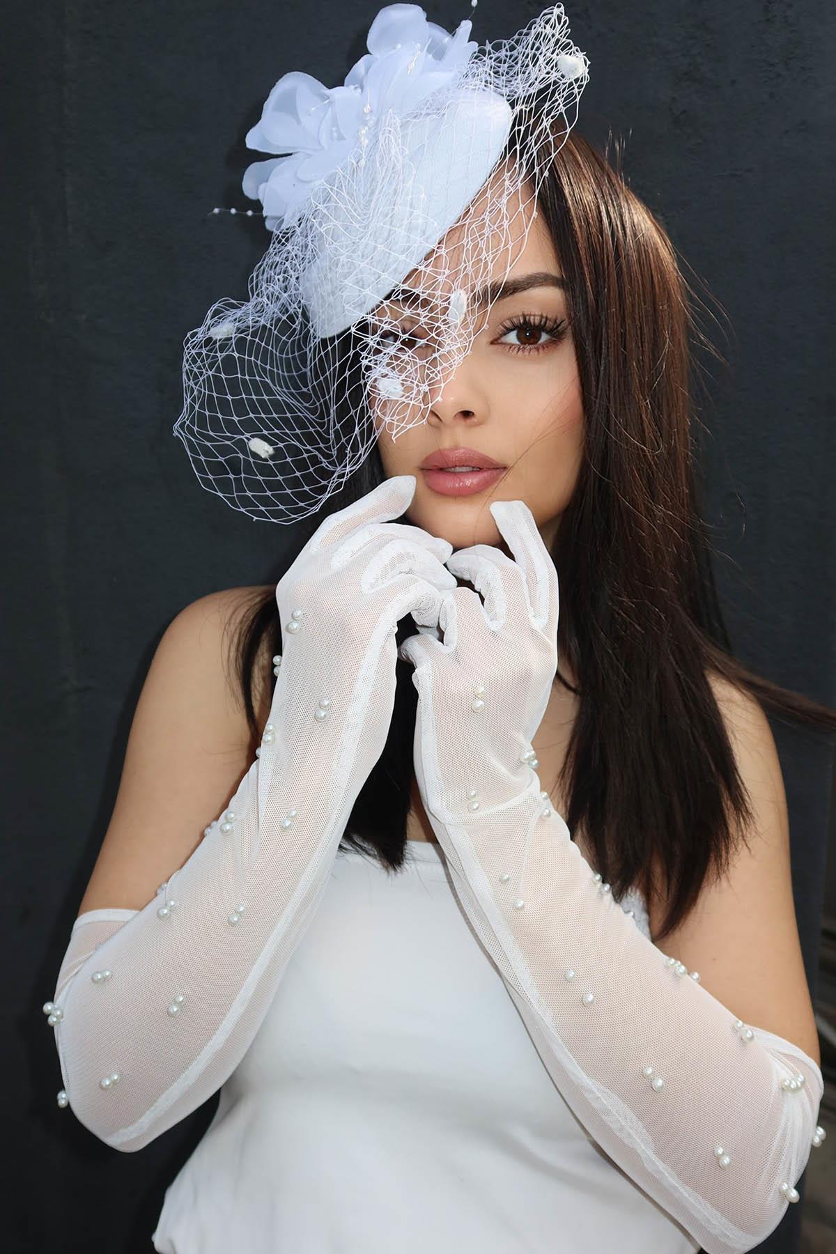 Beyaz Renk İnci Ve Tül Detaylı Şık Uzun Gelin Eldiveni Nikah/Düğün/Parti/Kostüm  Eldiveni