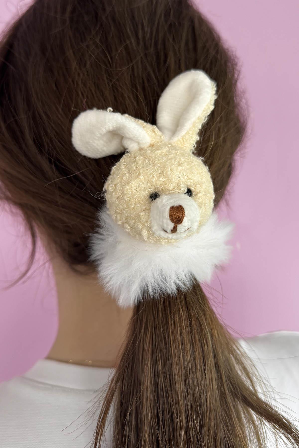 Beyaz Renk Tavşan Figürlü Peluş Simit Toka
