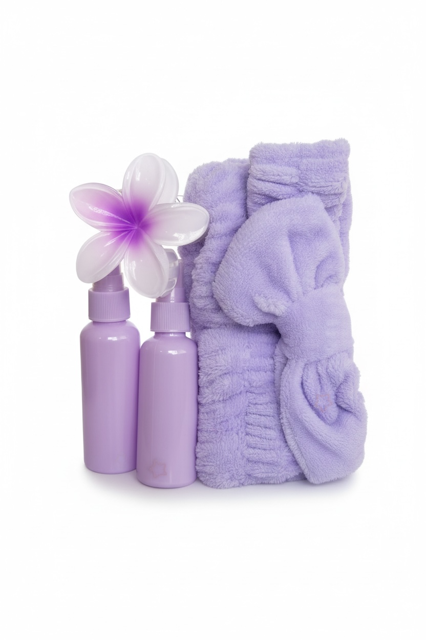 Mor Renk Peluş Saç Bandı-El Havlu-Mandal Toka Ve 2 Adet Sprey Şişe Set