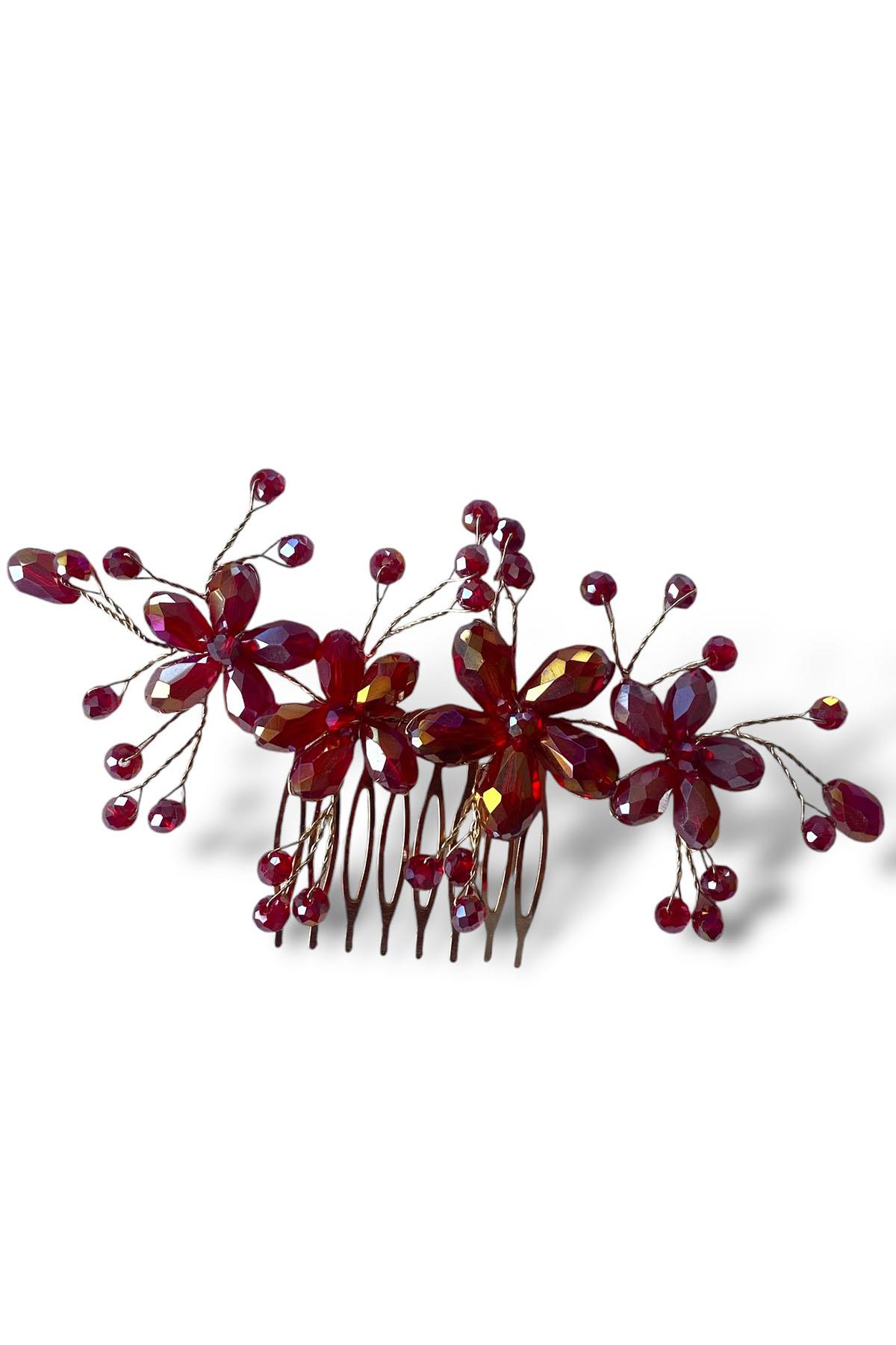 Bordo Renk Çiçek Detaylı Kristal Taş Detaylı Abiye Tel Tarak Toka