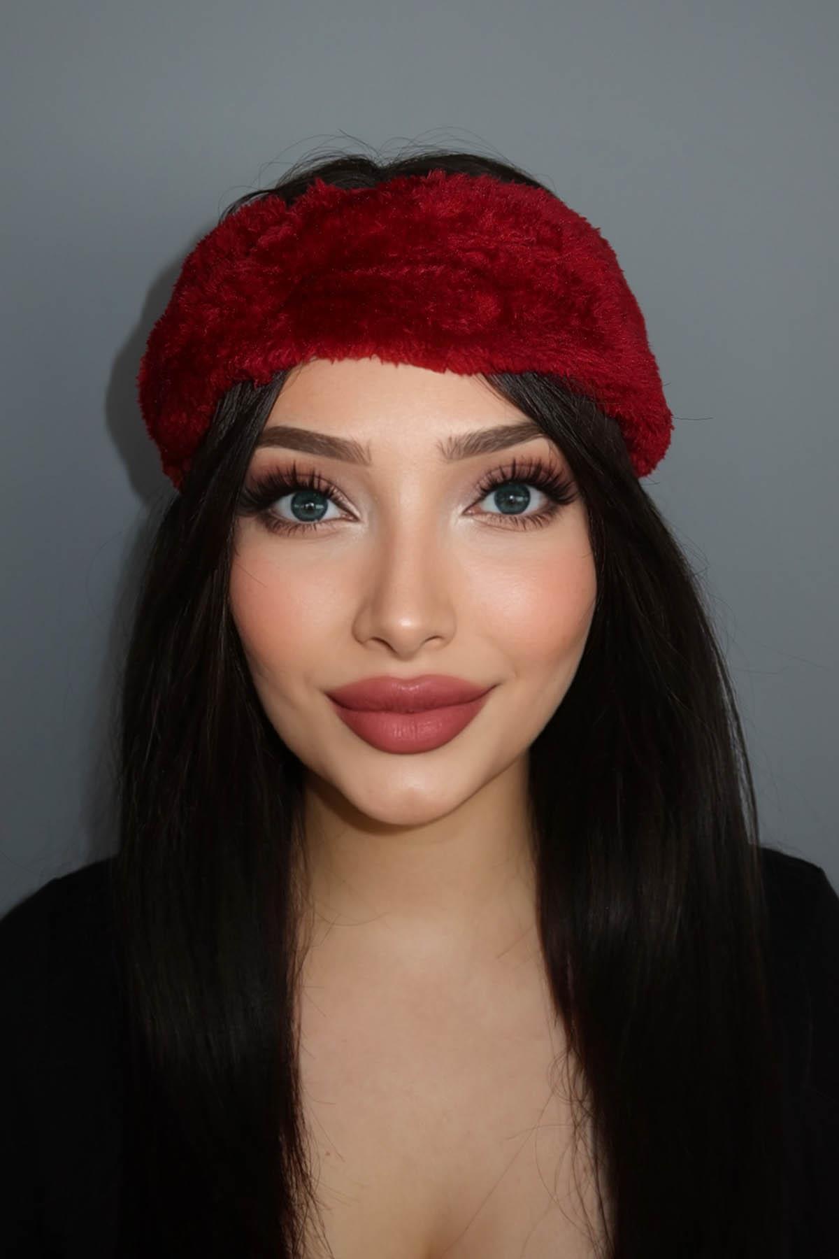 Bordo Renk Peluş Havlu Saç Bandı