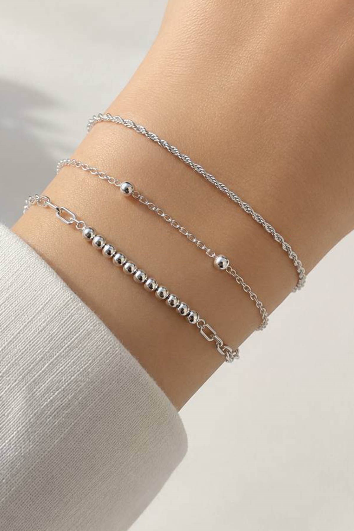 Gümüş  Renk  Zincir Detaylı 3lü Bileklik Set