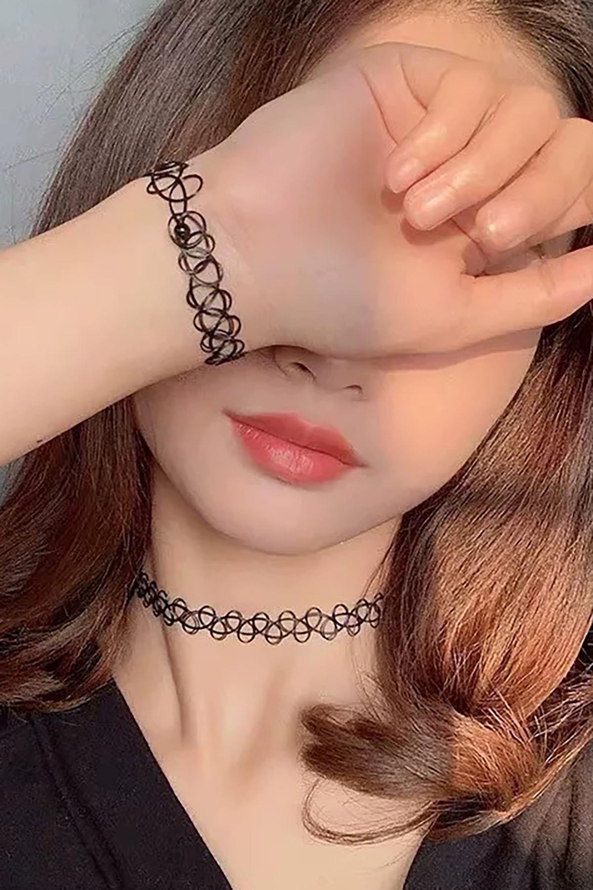 Siyah Renk Elastik Choker Kolye | Bileklik Ve Yüzük Set