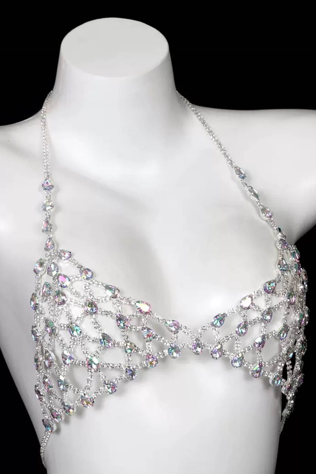 Gümüş Renk Hologram Taş Detaylı Bikini Üstü /Bralet /Vücut Aksesuarı