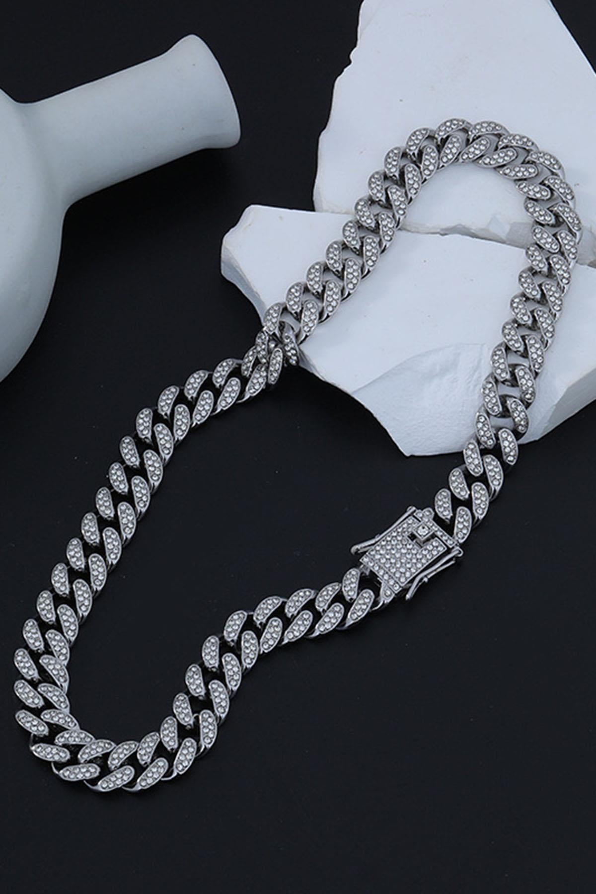 Gümüş Renk Taş Detaylı Unisex VİP Tasarım Kolye