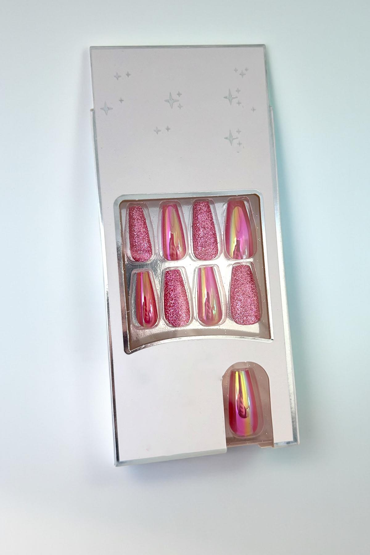 24lü Pembe Renk Simli Ve Hologramlı Takma Tırnak (Yapıştırıcılı)