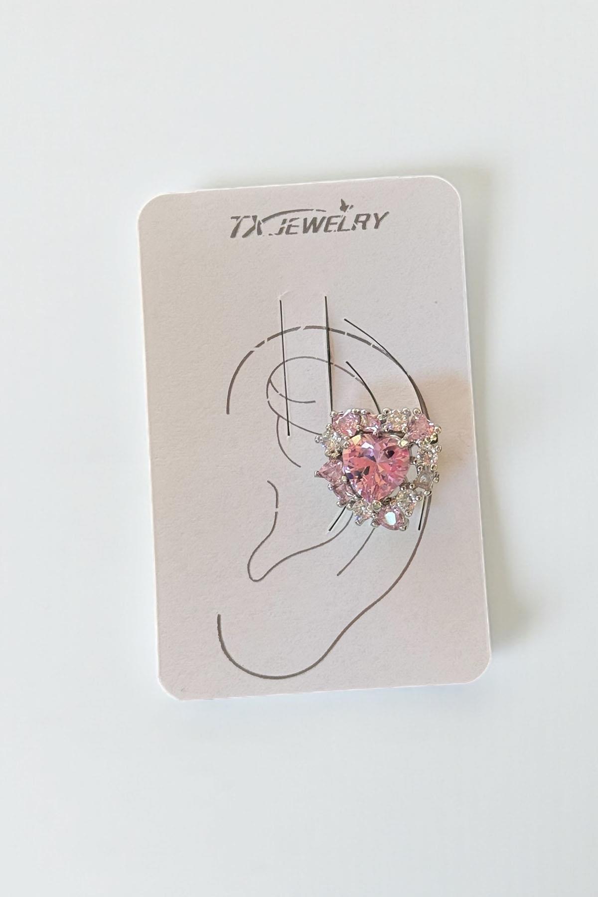 Gümüş Renk Kalp Figürlü Taş Detaylı 14K Altın Kaplama TX Ear Cuff (Tek)