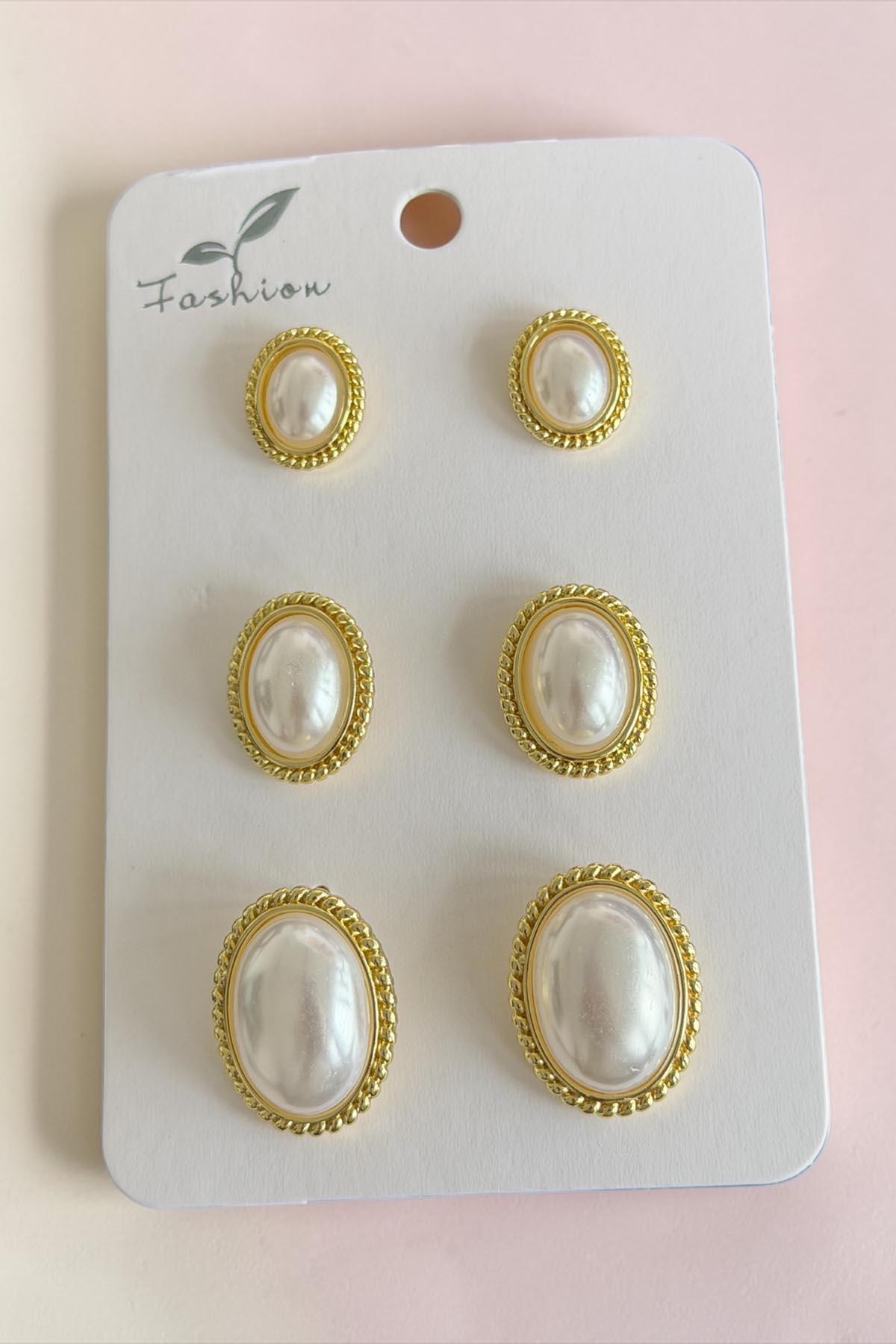 Altın Renk 6lı İnci Küpe Set