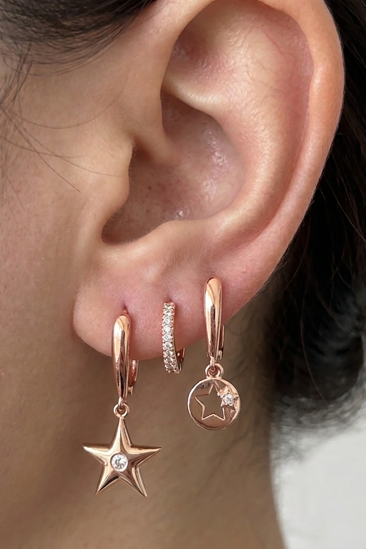 Rose Gold Renk Yıldız Figürlü 3lü YSX Küpe Set