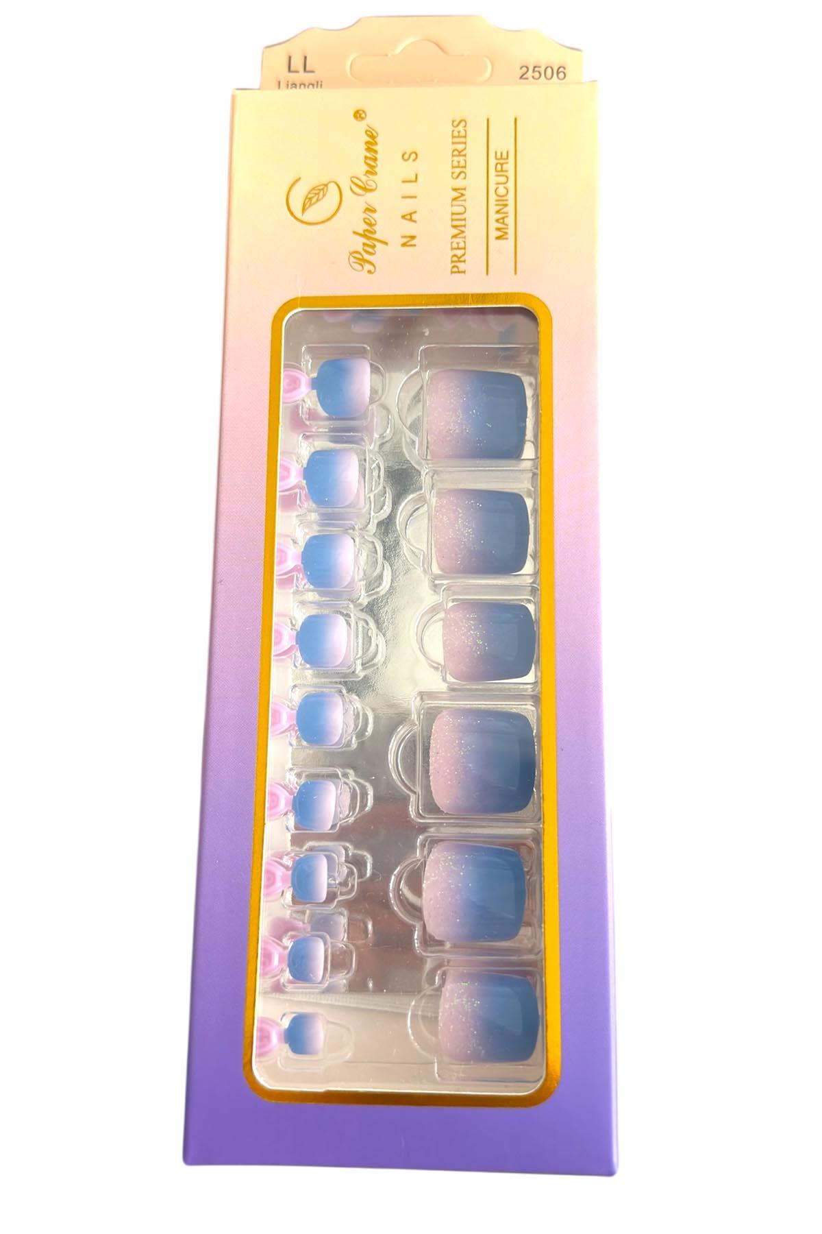 24 Adet Mavi Ve Pembe Renk Simli Ayak Takma Tırnak (Yapıştırıcılı)