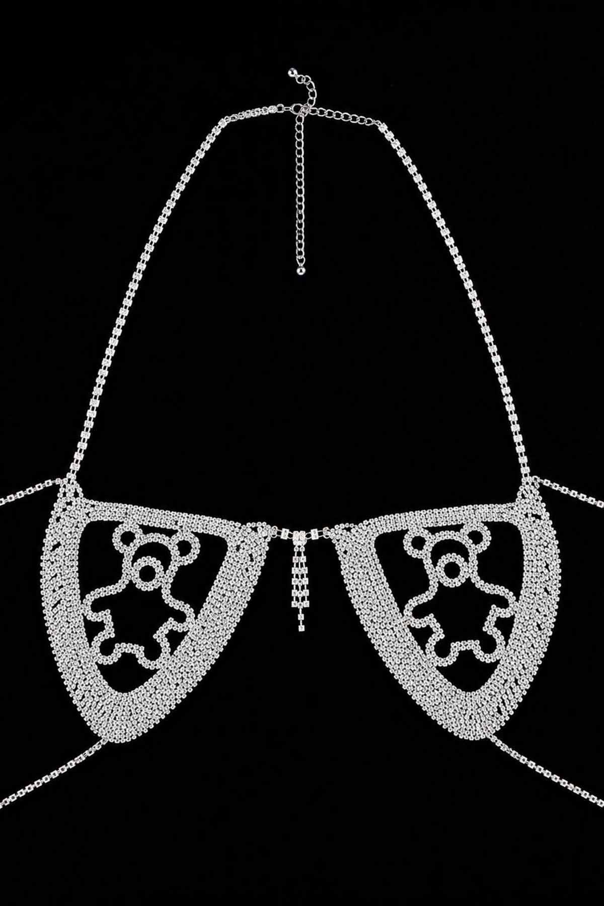 Gümüş Renk Ayıcık Figürlü Taş Detaylı Bikini Üstü /Bralet /Vücut Aksesuarı