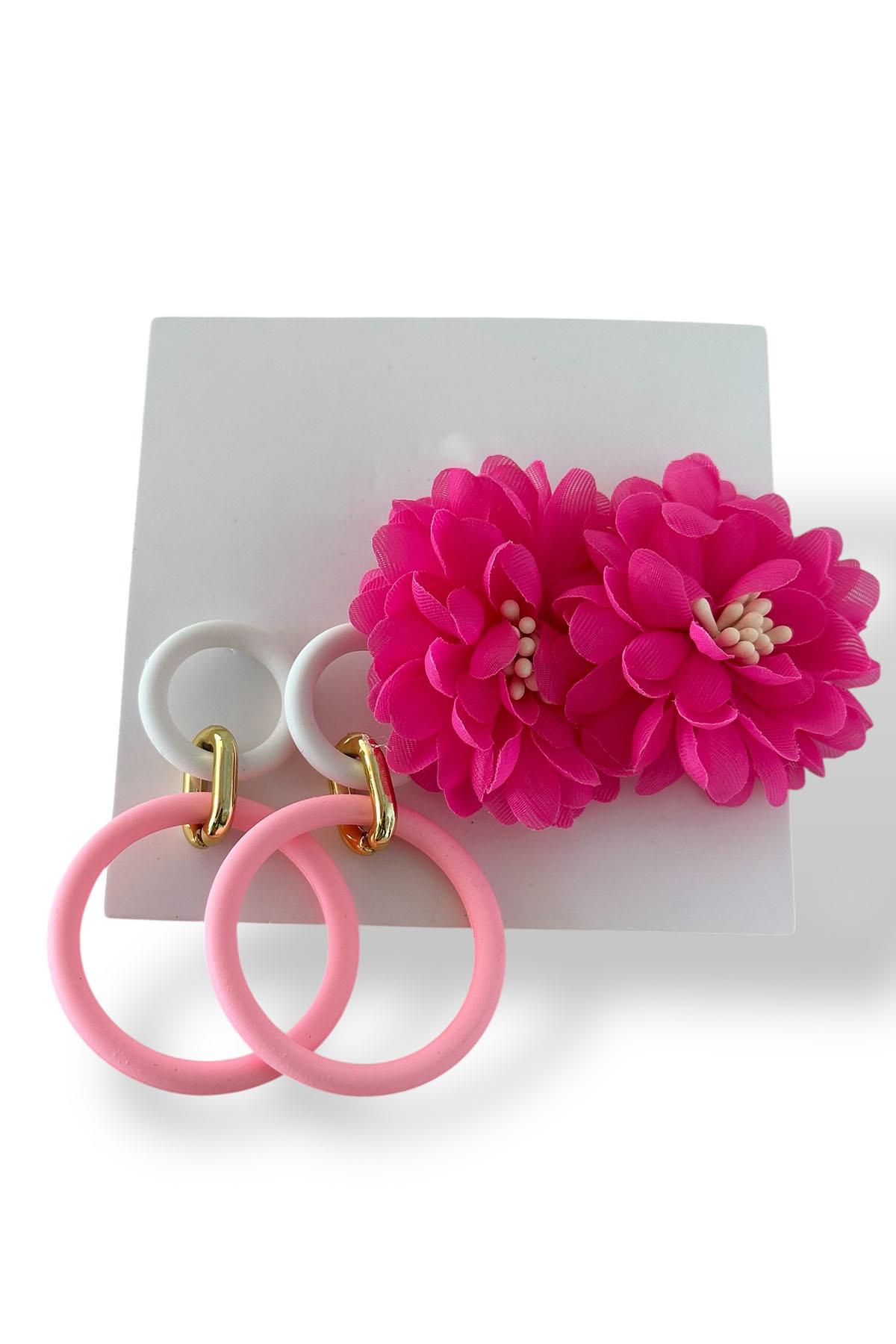 Pembe Renk Çiçek Figürlü Küpe Set