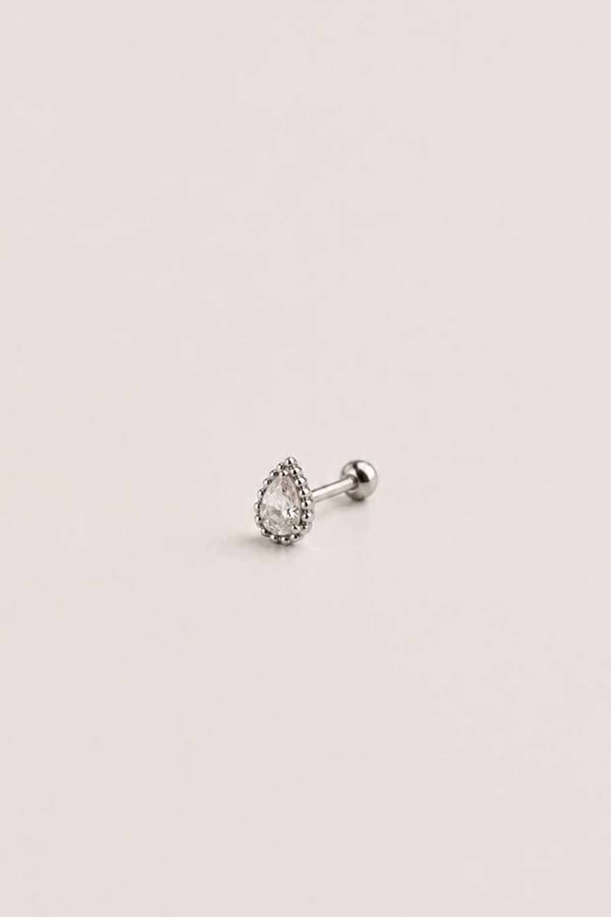 Gümüş Renk Taşlı Küçük Boy Cerrahi Çelik Tragus/Kıkırdak Küpe/Piercing (Tek)