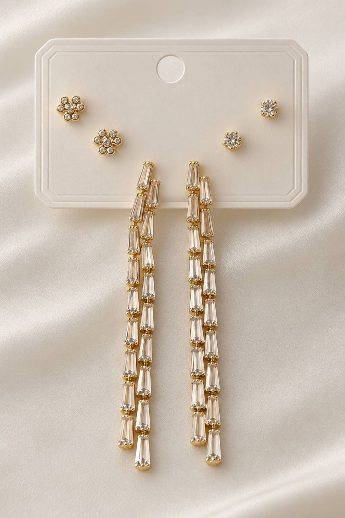 6lı Altın Renk Taşlı Sallantılı Küpe Set