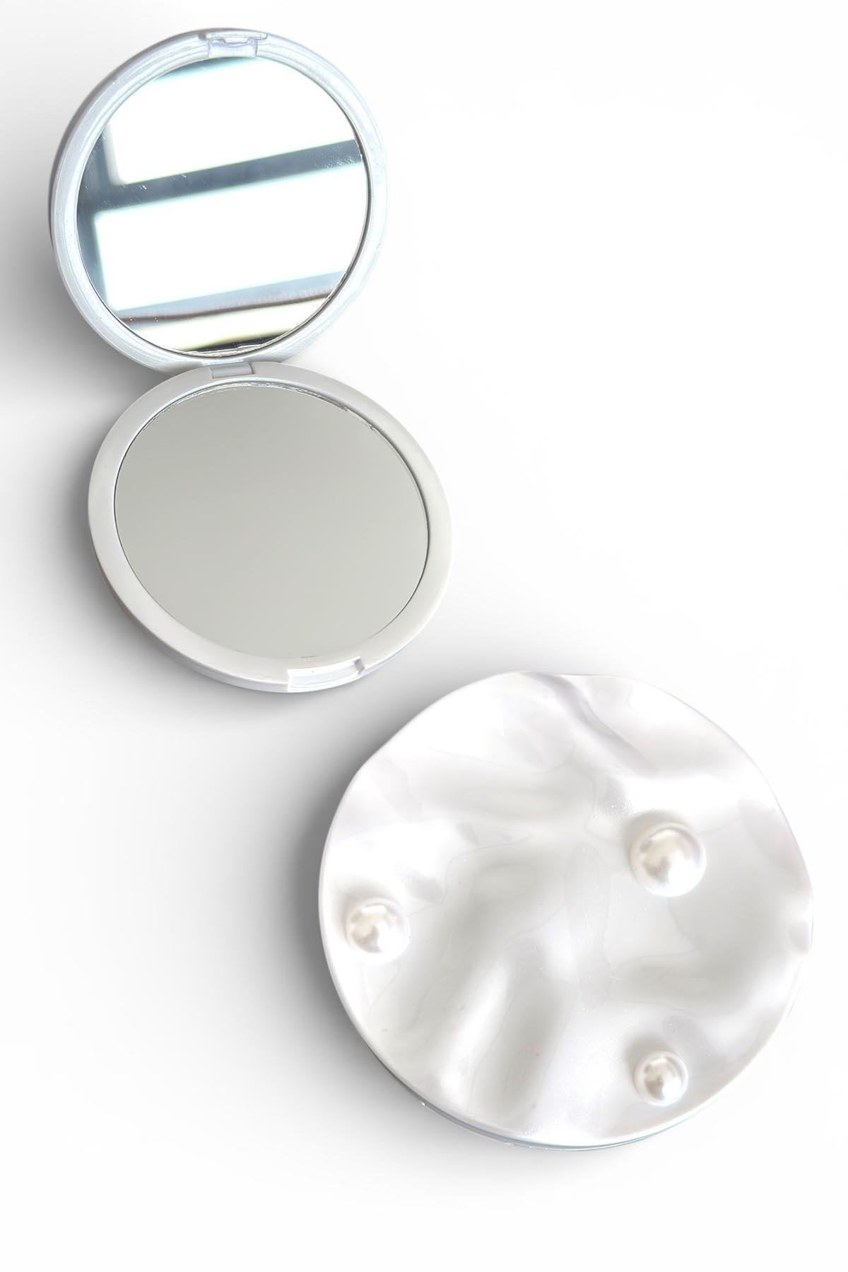 Beyaz Renk İnci Detaylı Cep Aynası