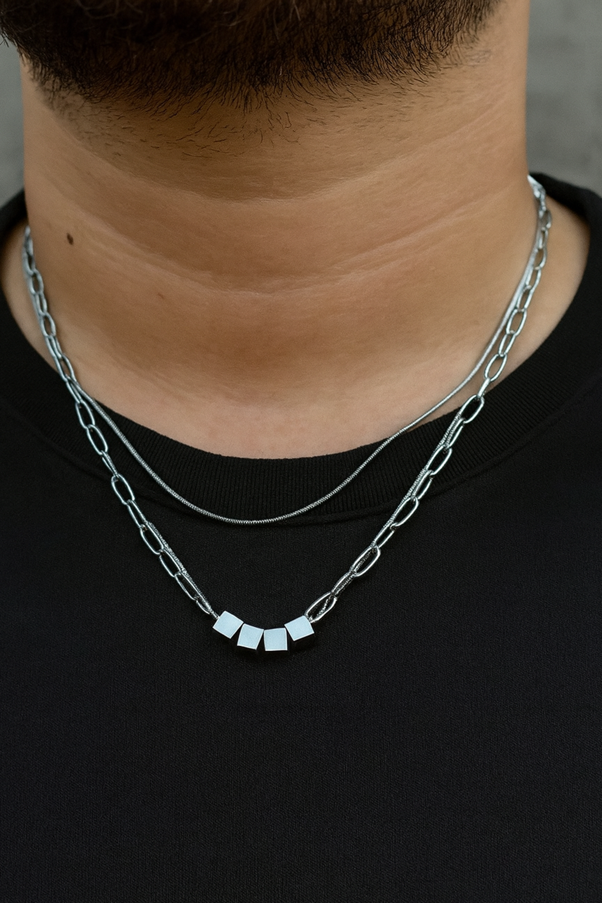 Gümüş Renk Erkek Zincir Çoklu Çelik Kolye (55cm)