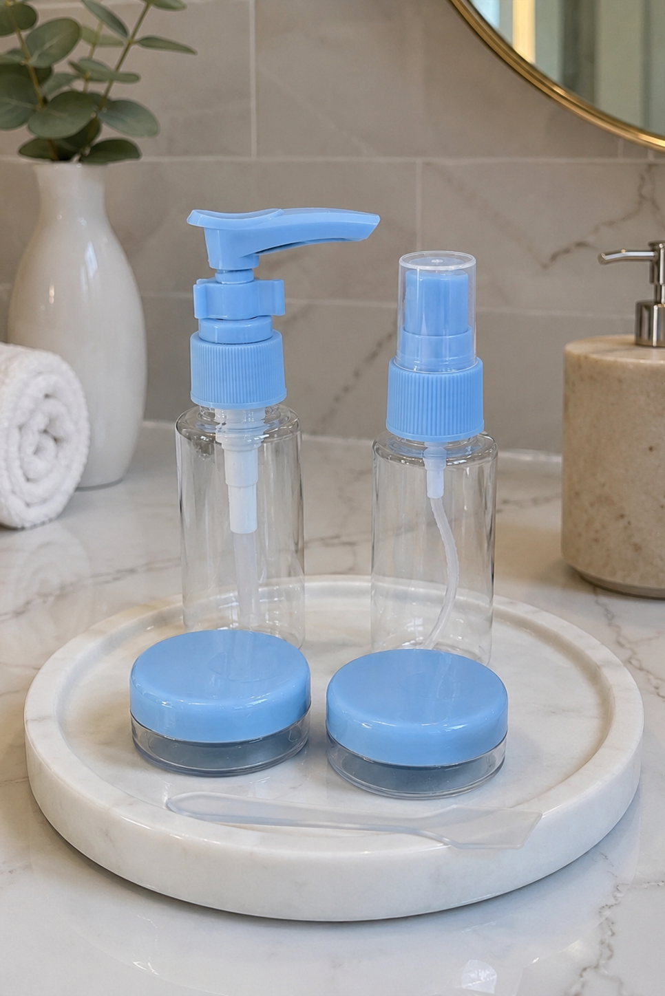 Mavi Renk Seyahat Kiti/ 4lü Doldurulabilir Şişe Set+Krem Kutusu