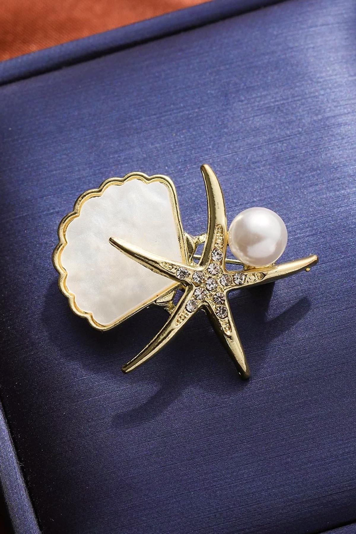 Deniz Yıldızı Figürlü Taşlı Broş