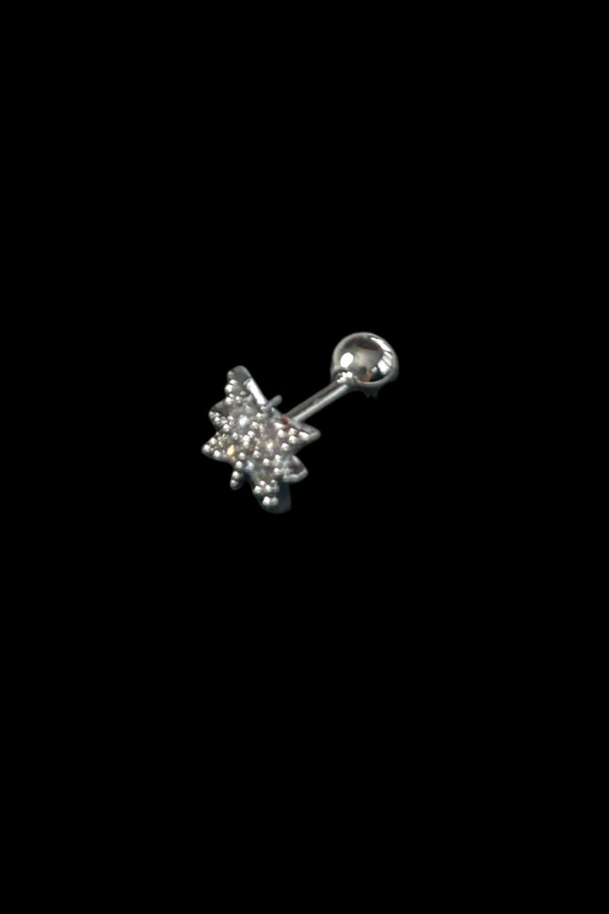 Gümüş Renk Taş Detaylı Cerrahi Çelik Tragus/Kıkırdak Küpe/Piercing (Tek)